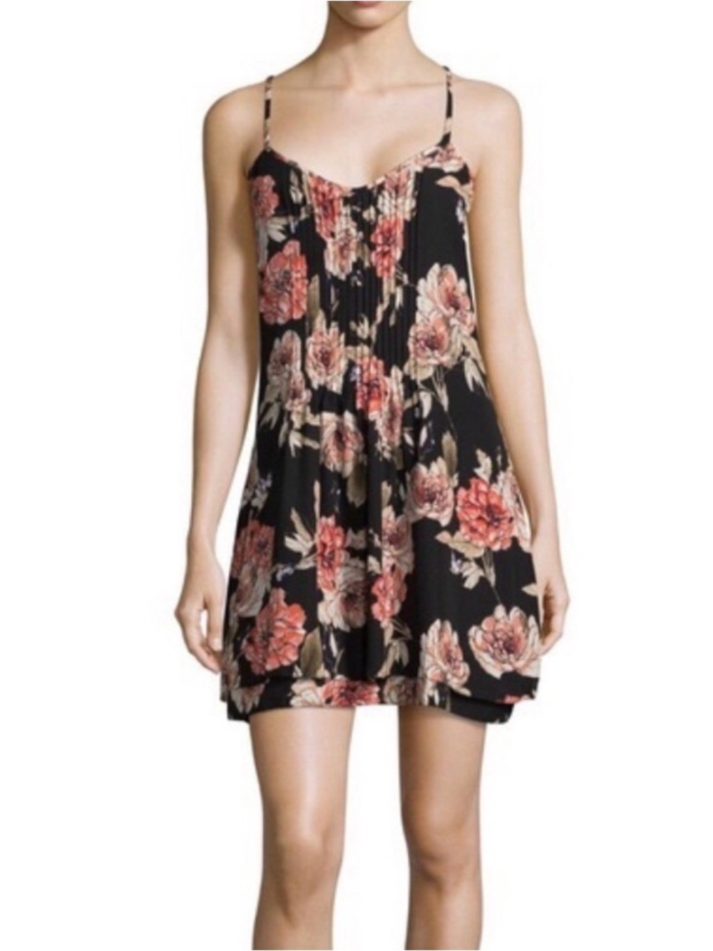 Sanctuary Black Mini Dress with Coral and Cream Floral Print